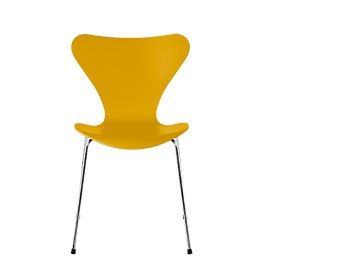 Der Jacobsen 3107 lackiert, ein gelber moderner Stuhl mit geschwungener Rückenlehne und verchromten Beinen, inspiriert vom klassischen Design des Arne Jacobsen 3107, steht mittig vor einem weißen Hintergrund.