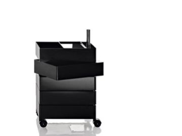 Der 360° Container 5-Fächer ist ein schwarzer, rollender Aufbewahrungswagen mit mehreren Fächern und einer hochgezogenen Seite, ideal als eleganter Organizer für Ihren Raum.