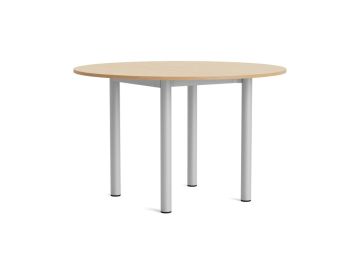 Annex-Tisch-Rund Ø120 cm (eiche, hellgrau) mit einer Platte aus hellem Eichenholz und vier silbernen Metallbeinen, abgebildet auf weißem Hintergrund.