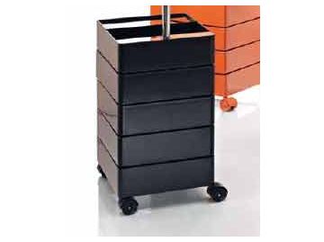 Ein schwarzer 360° Container 5-Fächer (schwarz) Rollwagen mit vier Rädern und mehreren Schubladen, entworfen von Konstantin Grcic, steht auf einem weißen Boden.