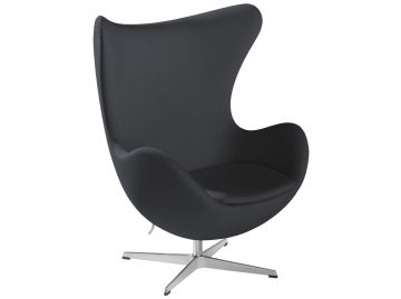 Das Ei (schwarz) ist ein moderner, schwarzer Eierstuhl mit hoher, geschwungener Rückenlehne und schlankem Metalldrehfuß, inspiriert von Arne Jacobsens ikonischem Design für Fritz Hansen.