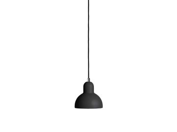 Eine schwarze KAISER idell™ 6722-P Pendelleuchte mit kuppelförmigem Schirm hängt an einer langen schwarzen Kordel vor einem weißen Hintergrund.