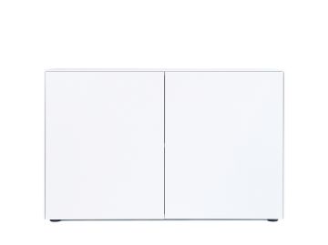 Minimalistischer Connect Container mit zwei Drehtüren (Höhe 77cm) aus mattlackiertem MDF, präsentiert auf schlicht weißem Hintergrund.