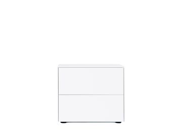 Der Connect Container mit zwei Schubkästen (Breite 60cm), ein minimalistischer weißer Nachttisch, inspiriert von modularem Möbeldesign, steht elegant vor einem schlichten weißen Hintergrund.