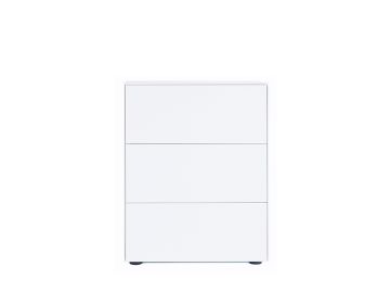 Ein minimalistischer weißer Connect Container mit drei Schubkästen (Breite 60cm) steht elegant vor einem schlichten weißen Hintergrund.