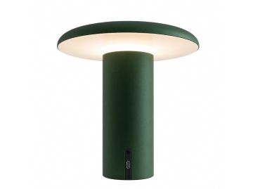 Die Takku Tischleuchte ist eine moderne, kabellose Pilzlampe mit einem dunkelgrünen Sockel und einem breiten, farblich passenden Schirm, die von Artemide inspiriert ist und ein sanftes, weißes Licht ausstrahlt.