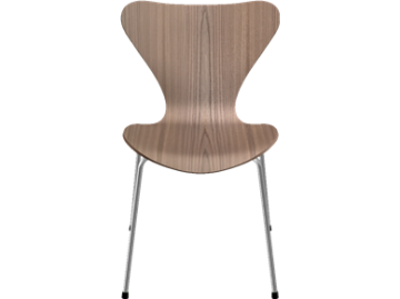 Der Jacobsen 3107 natur (Ulme) ist ein moderner Holzstuhl mit geschwungener Rückenlehne und Metallbeinen, inspiriert durch das ikonische Design des Arne Jacobsen 3107 (von vorne).