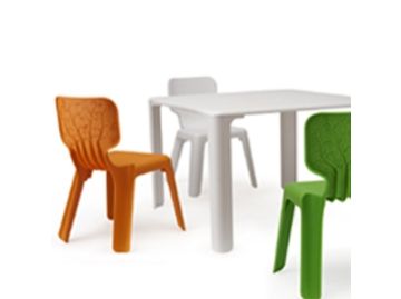 Der Linus Kindertisch und der Kinderstuhl von Magis sind in den Farben Weiß, Orange und Grün erhältlich und weisen jeweils ein charmantes Baummuster auf der Rückenlehne auf.
