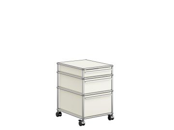 Der USM Haller Rollcontainer, cremefarben mit drei Schubladen und schwarzen Rollen, ist eine stilvolle Aufbewahrungseinheit aus Metall, die für Ordnung an jedem Arbeitsplatz sorgt.