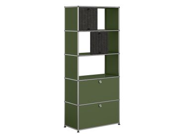 USM-Haller Regal mit 2 Soft Panel in olivgrün: Sechsteiliges Designklassiker-Regal mit zwei grauen Türen oben und zwei Schubladen unten - stilvolle Aufbewahrung für Ihr Zuhause.