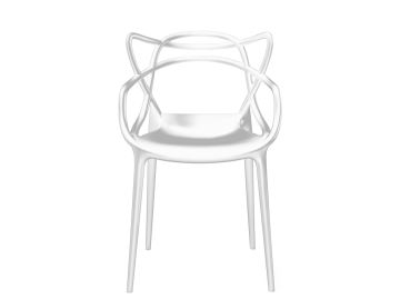 The Masters (weiß) Stuhl von Kartell, entworfen von Philippe Starck, überzeugt mit kunstvoll gestaltetem Rückenlehnen-Design und wird vor weißem Hintergrund präsentiert.