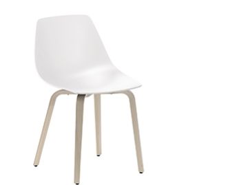 Der miunn stuhl holz ist ein moderner weißer Designerstuhl aus Kunststoff mit hellen Holzbeinen, abgebildet auf einem schlichten weißen Hintergrund.