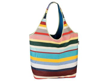 Die Multibag multicolor ist aus strapazierfähigem Acrylstoff gefertigt und verfügt über Querstreifen in den Farben Rot, Rosa, Gelb, Grün, Blau, Creme und Grau.