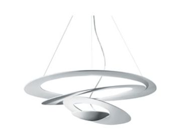 Skulpturale silberne Pendelleuchte mit ineinander verschlungenen ovalen Ringen, die an dünnen Drähten aufgehängt sind - eine echte Designerlampe, inspiriert von der Pirce Suspension.