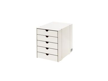 USM Haller Inos Kasten-Set C4 mit 5 Schubladen (reinweiss), ein weisser Kasten mit fünf Schubladen und Griffmulden auf weissem Grund.