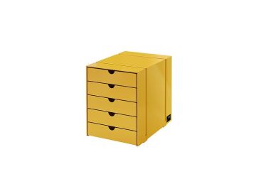 Abgebildet ist ein goldgelbes USM Haller Inos Kasten-Set C4 mit 5 Schubladen mit abgerundeten, ausgeschnittenen Griffen vor weißem Hintergrund.