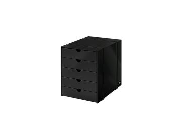 Das USM Haller Inos Kasten-Set C4 mit 5 Schubladen in graphitschwarz besticht durch sein schlankes, modernes Design, das vom USM Haller Möbelbausystem inspiriert ist und eine elegante Aufbewahrung auf dem Schreibtisch ermöglicht.