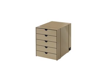USM Haller Inos Kasten-Set C4 mit 5 Schubladen (USM beige), gezeigt aus schräger Perspektive und freigestellt vor weißem Hintergrund.