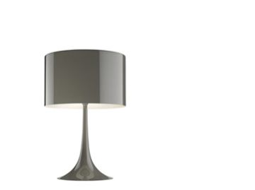 Graue, moderne Tischleuchte mit breitem, zylindrischem Schirm und schlankem, geschwungenem Sockel auf weißem Grund, inspiriert durch das Design von Spun Light T1 Tisch. Graue, moderne Tischleuchte mit breitem, zylindrischem Schirm und schlankem, geschwungenem Sockel auf weißem Grund, inspiriert durch das Design von Spun Light T1 Tisch.