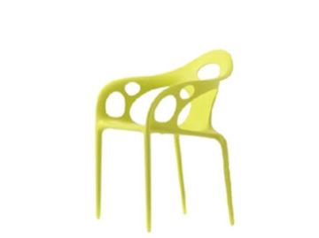 Der Supernatural Armchair ist ein moderner gelber Stuhl mit abstrakter offener Rückenlehne und kreisförmigen Aussparungen, entworfen von Ross Lovegrove.