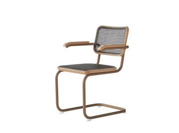 Der S 64 V Freischwinger dark melange (Palisander) ist ein moderner Freischwinger mit braunem Metallgestell, Netzrückenlehne und schwarzem Geflechtsitz in Dark Melange, inspiriert vom klassischen Stahlrohr-Design und hier schräg dargestellt.