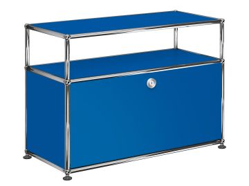 USM Haller Beistellmöbel mit 1 Klappe und Aufbau in enzianblau , Schrägansicht