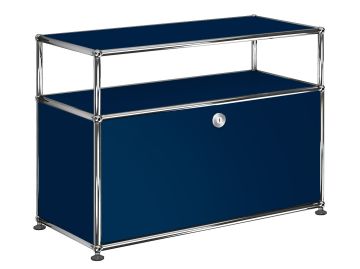 USM Haller Beistellmöbel mit 1 Klappe und Aufbau in stahlblau , Schrägansicht