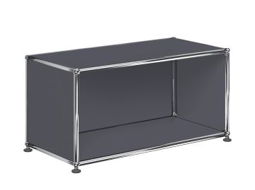 Das USM Haller Lowboard (anthrazitgrau) ist ein minimalistischer rechteckiger Konsolentisch mit offenem Regal, dunkelgrauer Oberfläche und verchromtem Gestell, inspiriert von USM Haller Design.