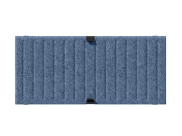 Blaues rechteckiges USM Haller Soft Panel 750x350 Duo mit vertikalen Rillen und zentralen schwarzen Verbindern, von oben gesehen; Teil der modularen Möbellinie.