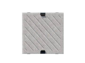 USM Haller Soft Panel 350x350 diagonal (grau) ist ein quadratisches, graues Paneel mit diagonalen Linien und drei schwarzen Befestigungsclips - ideal, um moderne, stilvolle Textilakzente in Ihrem Raum zu setzen.