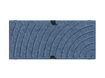 Das USM Haller Soft Panel 750x350 rund ist ein rechteckiges, blaues Paneel mit geschwungenen Linien und drei schwarzen Clips, von oben auf weißem Grund; perfekt für textile Paneele in jedem Möbelbausystem.
