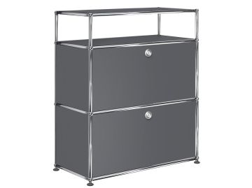 Ein anthrazitgraues USM Haller Sideboard mit zwei Klappen und einem Oberteil.
