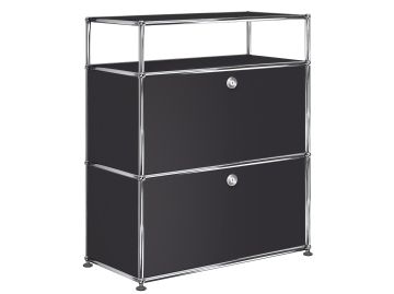 Elegantes USM Haller Sideboard mit 2 Klappen und Aufbau in graphitschwarz-zwei abschließbare Fächer plus offenes Fach oben, perfekt für moderne Aufbewahrung im ikonischen USM Haller Design.