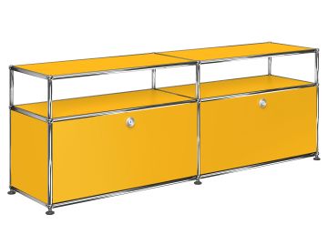 USM Haller Lowboard mit 2 Klappen und Aufbau in goldgelb , Schrägansicht