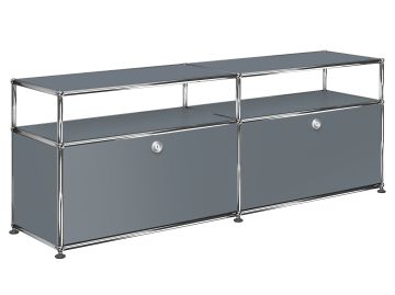 USM Haller Lowboard mit 2 Klappen und Aufbau in mittelgrau , Schrägansicht