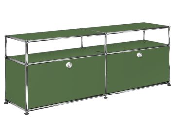 USM Haller Lowboard mit 2 Klappen und Aufbau in olivgrün , Schrägansicht 