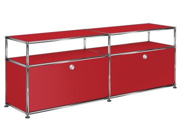 USM Haller Lowboard mit 2 Klappen und Aufbau in rubinrot , Schrägansicht