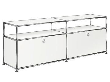 USM Haller Lowboard mit 2 Klappen und Aufbau in reinweiß , Schrägansicht