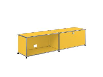 Goldgelbes USM Haller TV/Hi-Fi 2x1-Element mit einem offenen und einem geschlossenen Fach, stabilem Metallrahmen und Füssen - ideal als modernes TV-Board oder Lowboard für stilvolle Interieurs.