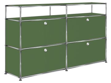 Olivgrünes USM Haller Sideboard mit 4 Klappen und Aufbau - perfekt für stilvolle Organisation, klassisch mit markantem Chromrahmen.