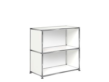 Das USM Haller Regal mit 2 Fächern ist ein weißes, minimalistisches Regal mit zwei Einlegeböden, das flexiblen Stauraum in einem modernen, offenen Metalldesign bietet.