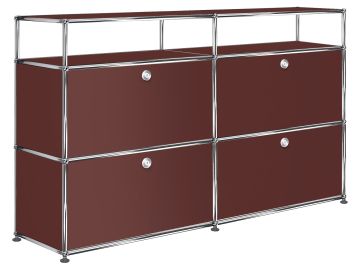 A USM Haller Sideboard mit 4 Klappen und Aufbau in USM braun, modular, mit Metallgestell und zeitlosem Design.