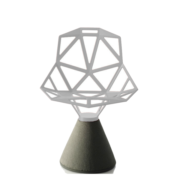 Der Chair One Zementsockel (weiß) ist ein moderner MAGIS Stuhl mit geometrischer weißer Rückenlehne und grauem, konischem Fuß, der sich perfekt für den Außenbereich eignet.