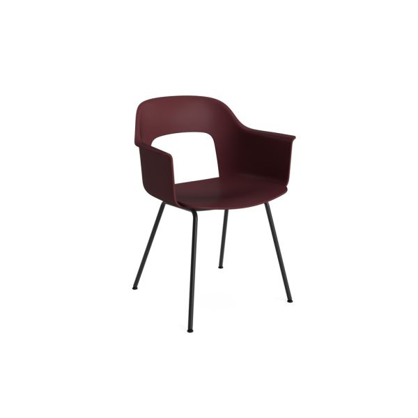 Layout Sessel 211 (bordeaux) mit Armlehnen und schwarzen Metallbeinen, hergestellt aus recyceltem Kunststoff für ergonomischen Komfort, abgebildet auf weißem Hintergrund.