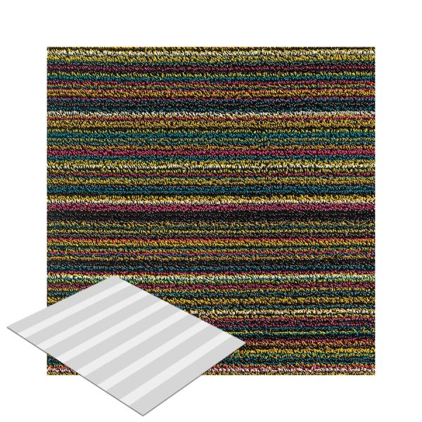 Die Shag Skinny Stripe Fußmatte (bright multi; M 61 x 91 cm) hat mehrfarbige Streifen und ein kleines grau-weißes Quadrat in der linken unteren Ecke.