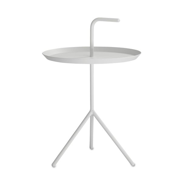 Minimalistischer runder Beistelltisch in Weiß mit drei Beinen und einem geschwungenen Griff, inspiriert von Thomas Bentzens ikonischem Design DLM Don't Leave Me (weiß).