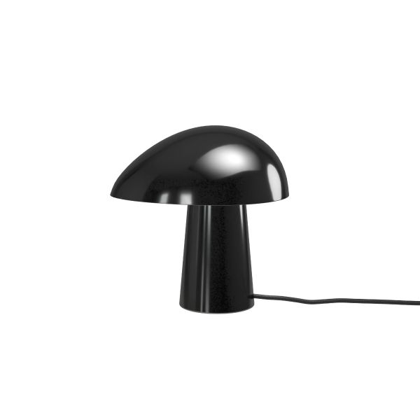 Die Night Owl Tischleuchte (Black PVD) von Fritz Hansen ist eine moderne, schwarze, pilzförmige Lampe mit Kordel, die auf weißem Hintergrund abgebildet ist.