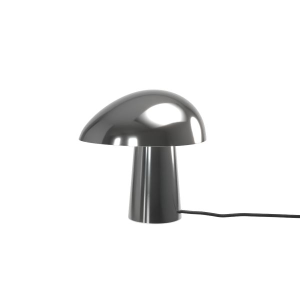 Eine moderne Night Owl Tischleuchte aus Edelstahl mit einem pilzförmigen Design, inspiriert von Fritz Hansen, mit einem schwarzen Stromkabel auf weißem Hintergrund.