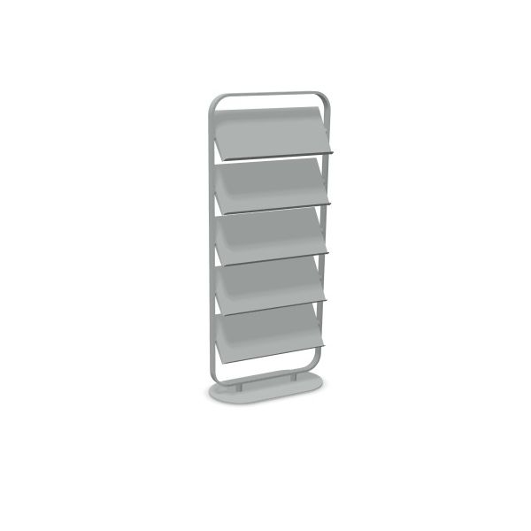 Der Prospektständer Focus (Aluminium) verfügt über fünf abgewinkelte Einlegeböden und einen stabilen ovalen Sockel aus langlebigem, pulverbeschichtetem Metall, hier vor weißem Hintergrund.