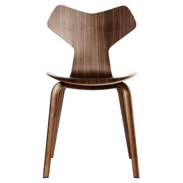 Der Grand Prix 4130 (Walnuss natur) ist ein moderner Holzstuhl, der von Arne Jacobsens Design inspiriert ist. Er hat eine schmetterlingsförmige Rückenlehne, eine geschwungene Sitzfläche und vier abgewinkelte Beine.